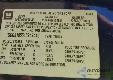 2001 Chevrolet S-10 Ls из США, поврежденный, VIN 1GCCS195518247416